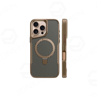 Luxury For Magsafe Shockproof Frame Armor Case For iPhone 13 15 12 14 16 17 Pro Max Metal Bracket Carbon Fiber Pattern Cover