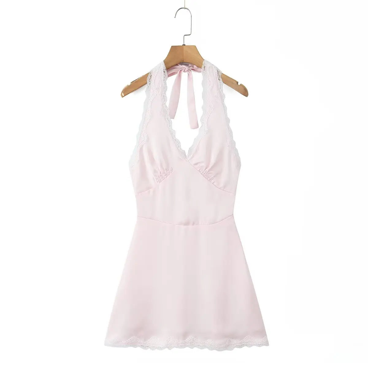 Lace Spliced Polka Dot Halter Dress Women Elegant A-line Mini Sexy Backless Dresses Summer Robe 2025