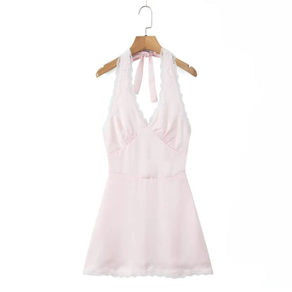 Lace Spliced Polka Dot Halter Dress Women Elegant A-line Mini Sexy Backless Dresses Summer Robe 2025