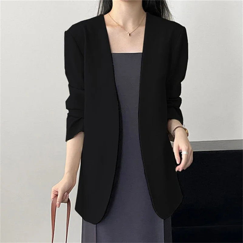 Fashion New Solid Casual Joker Women's Blazer Spring Autumn No Placket Cardigan Suit Jackets V-neck Long Sleeve 19-Color Coats