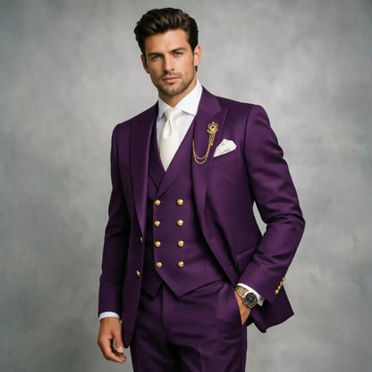 Mens White 3 Pieces Slim Fit Wedding Tuxedo Gold Buttons Peak Lapel Vest Formal Blazer Pants Groom Prom Office Evening Wear