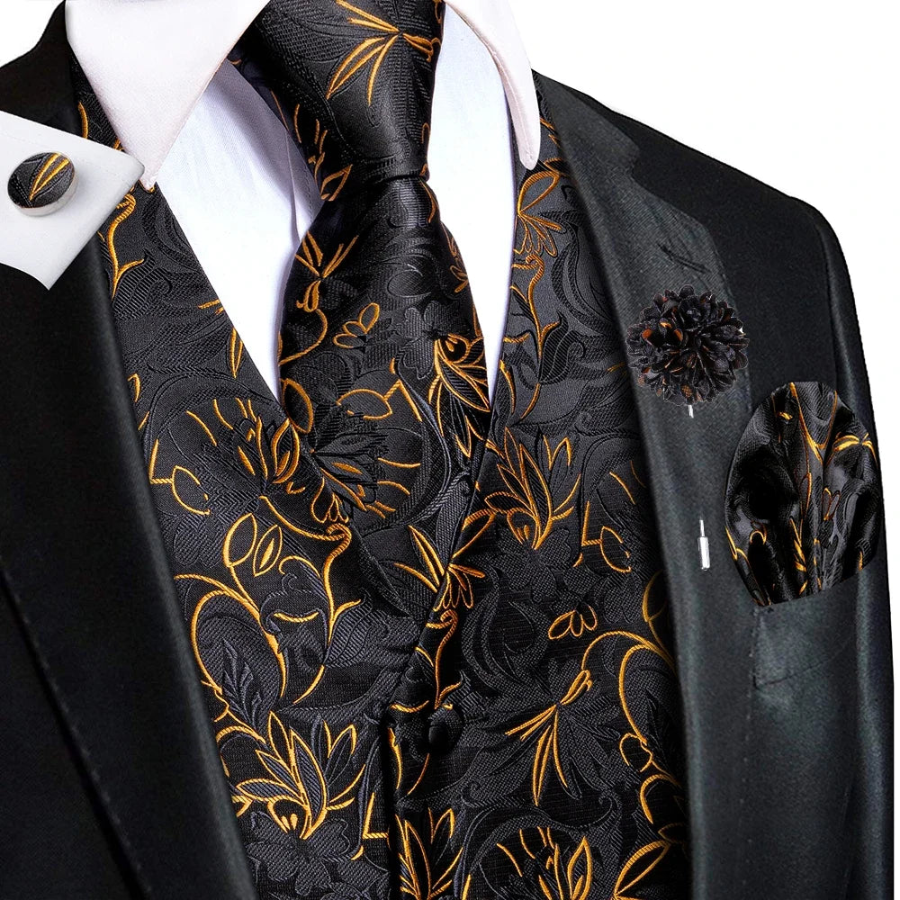 Luxury Gold Black Mens Vests Print Jacquard Waistcoat Tie Hanky Cufflinks Brooch Set for Men Wedding Formal Business Hi-Tie