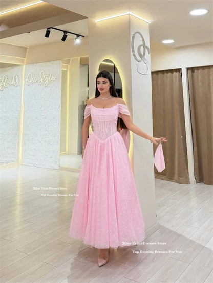 Xijun Glitter Pink Evening Dresses Off The Shoulder A-Line Ankle Length Prom Dresses Formal Ankle Length Prom Gowns Customized