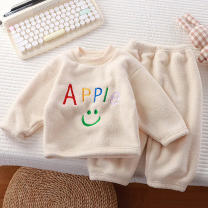 Winter Warm Kids Loungewear Suit Baby and Girls Boys Loose Embroidery Full Fleece Coat Tops+Pant Set Child 2PCS Homewear 1-8 Yrs