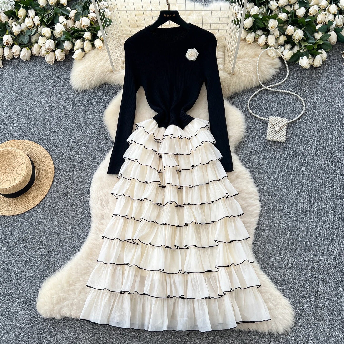 Autumn 3D Floral Spliced Long Dress 2025 Female O Neck Long Sleeves High Quality Slim Luxury Knitted Party Cake Dress