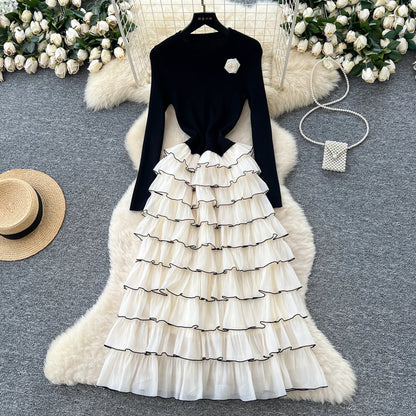 Autumn 3D Floral Spliced Long Dress 2025 Female O Neck Long Sleeves High Quality Slim Luxury Knitted Party Cake Dress