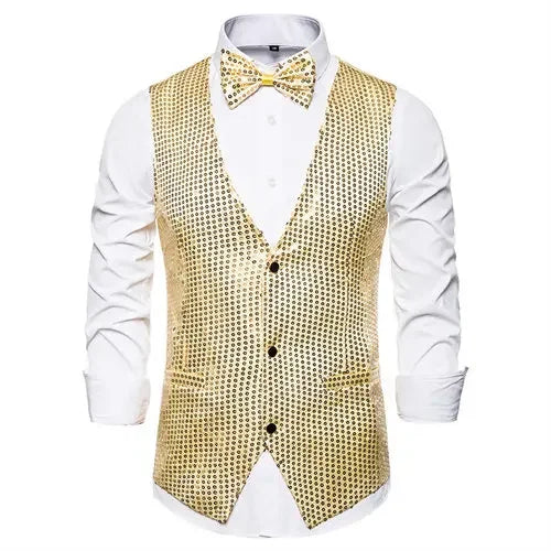 New Gold Sequin Vest Men's Single-breasted V-neck Sleeveless Vests Coat Wedding Party Waistcoat Silver Blue Purple Red Tops