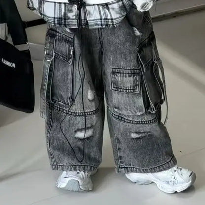 Boys Spring Autumn 2-piece Set Long Sleeved T-shirt Sweatshirt +Wide Leg Jeans Set New Patchwork Hoodie+ Denim Cargo Pants Set