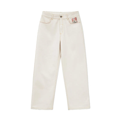 Men's Vintage Heavyweight Washed White Jeans Straight 100% Cotton CleanFit Casual Pants with Zip Fly for Spring and Autumn