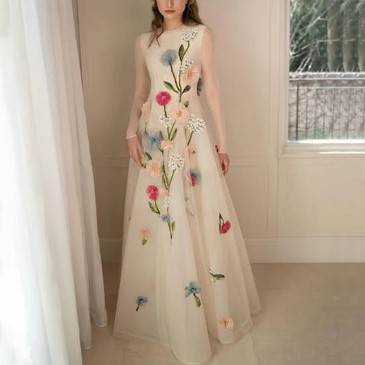 Dream Customized Flower Evening Dress O-Neck Long Sleeve Classic A-Line Floor Length Tulle Women Occasion Formal Gowns New