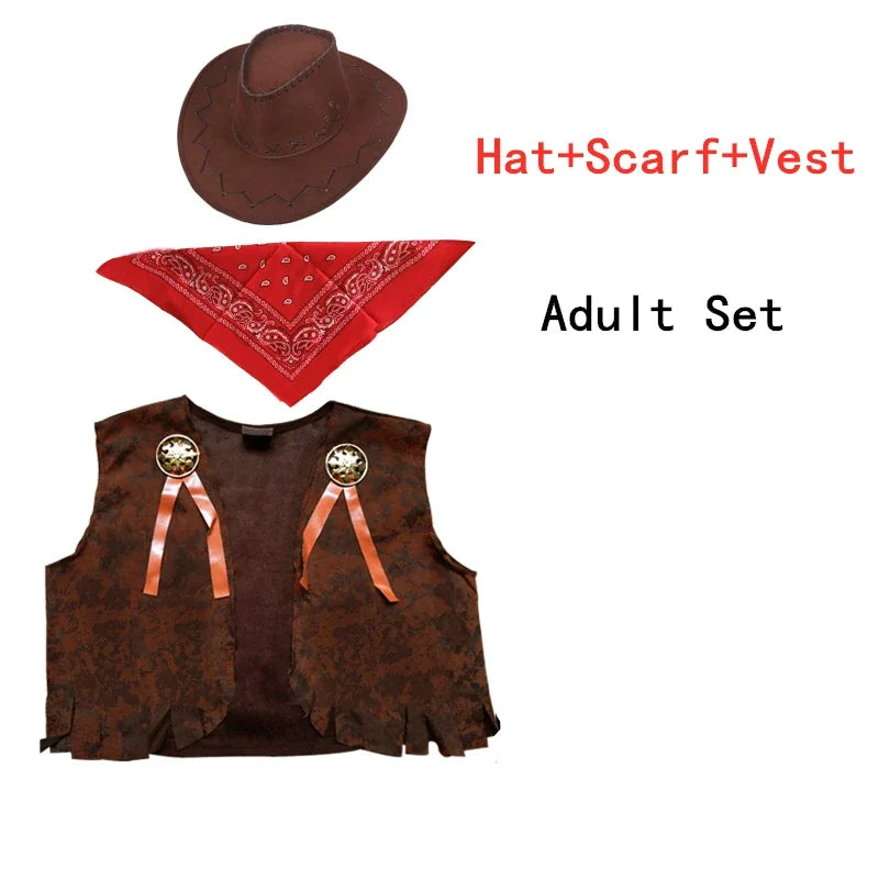 2024 Children Adult Cowboy Cosplay Costumes Halloween Party Masquerade Boy Woman Wild West Fancy Cowgirl Vest Cap Scarf Outfits