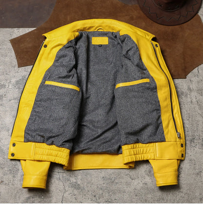 Spring Autumn Cool Handsome Short Yellow Soft Pu Leather Jacket Men Turn-down Collar Luxury Designer Clothes 2025