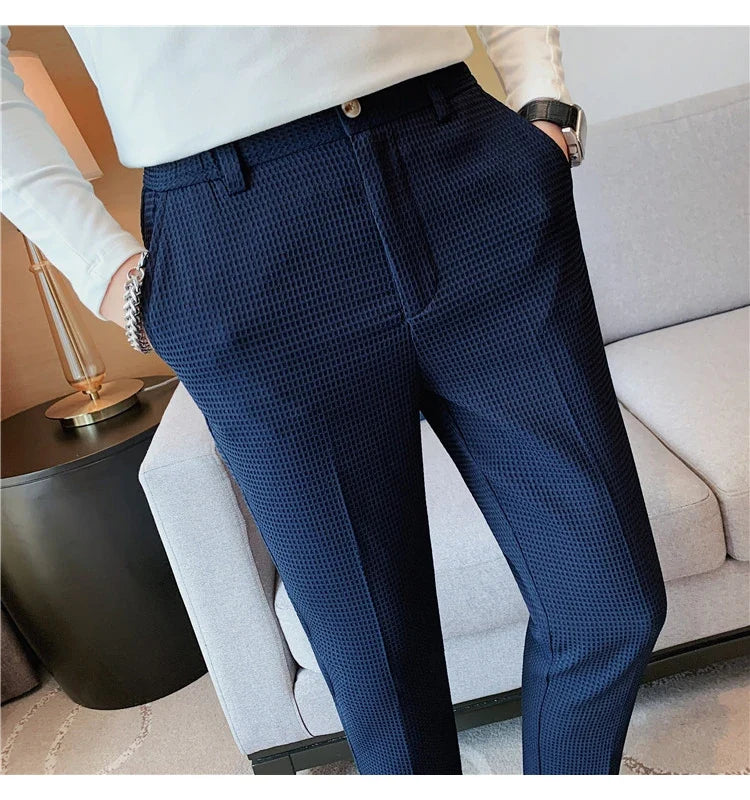 2024 Autumn New Waffle Stretch Waist Business Formal Pants Men Fashion Wedding Slim Trouser Mens Brand Social Party Suit Pants