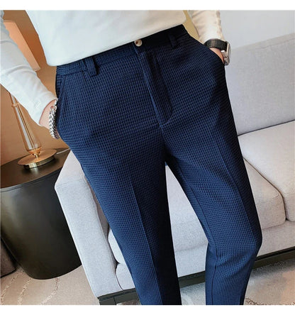 2024 Autumn New Waffle Stretch Waist Business Formal Pants Men Fashion Wedding Slim Trouser Mens Brand Social Party Suit Pants