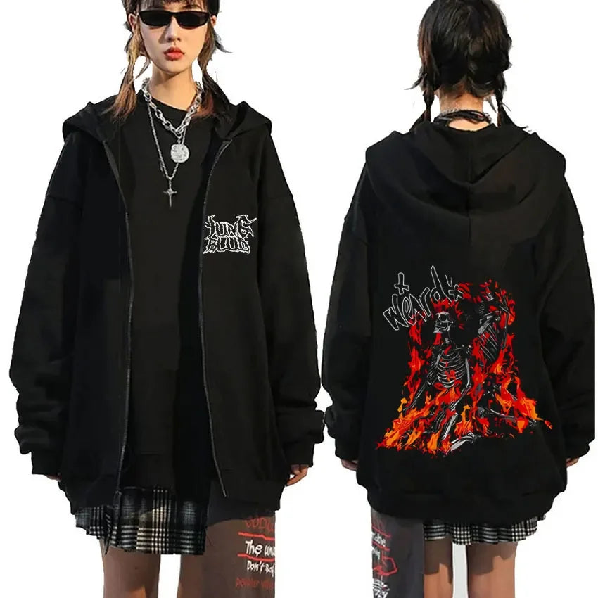 Singer Yungblud Black Hearts Club Zipper Hoodie Male Fleece Cotton Zip Up Hoodies Men Women Rock Vintage Oversized Zip Up Jacket