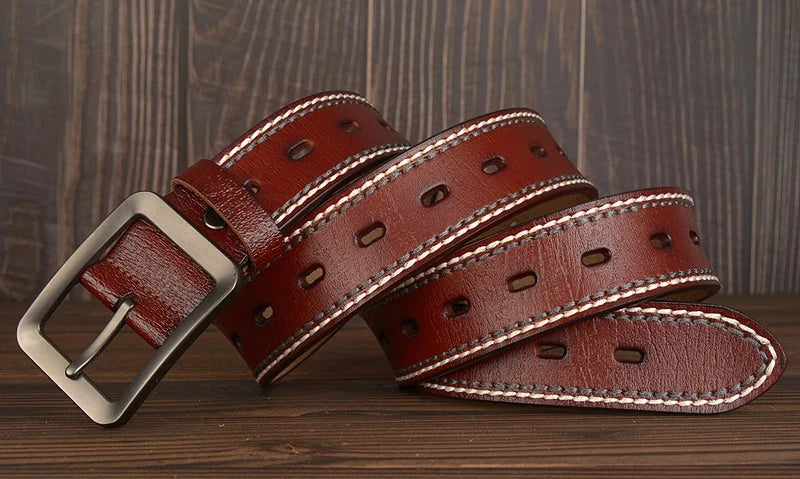 3.8CM Fashion Men Belts Genuine Leather Luxury Designer Vintage Thread Waist Belt For Jeans Cinturon Cowboy Hombre Dropshipping