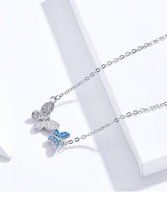 925 Sterling Silver Blue Zircon Flying Butterfly Necklace Women Birthday Gift Korean Style Fashion Jewelry Gift SCN384