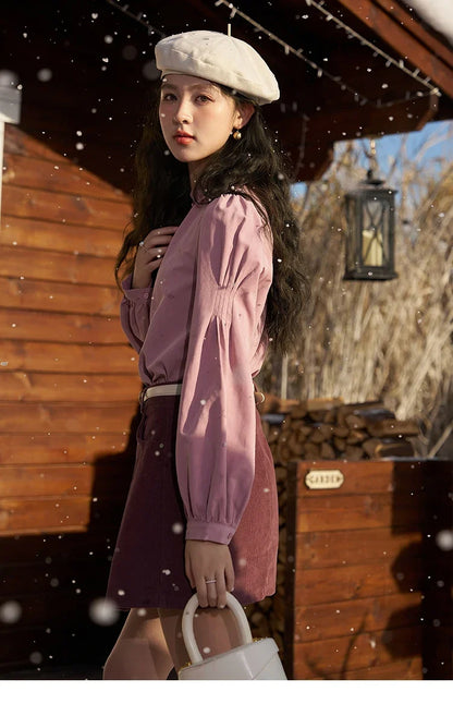 French Autumn Winter Button Up Lantern Long Sleeve Shirts Women Ruffle Neck Thick Warm Blouse Flannel Shirt MXC56X1320