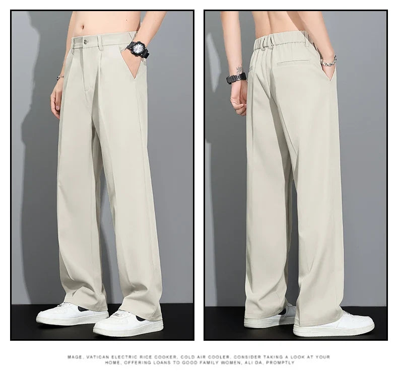 Men's 2026 Summer Korean Style Loose Straight Leg Draping Lightweight Casual Pants Slacks Khaki Dark Gray Black Trousers Male