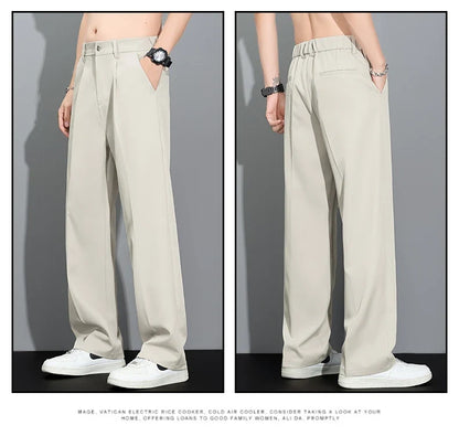 Men's 2026 Summer Korean Style Loose Straight Leg Draping Lightweight Casual Pants Slacks Khaki Dark Gray Black Trousers Male