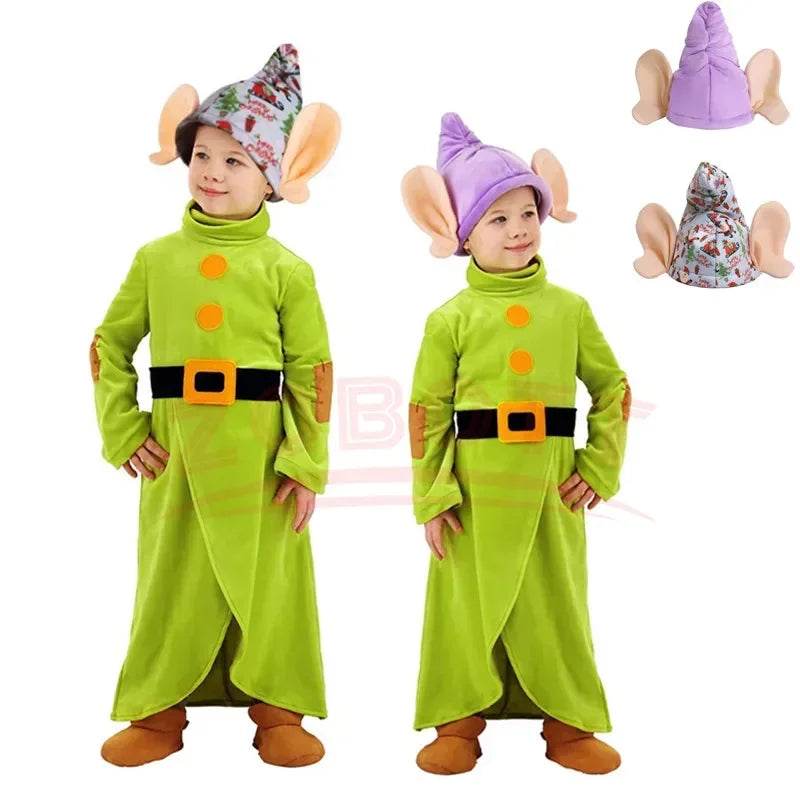 Seven Dwarf Man Costume Snow Princess Outfit Christmas Child Boys Girls Big Ears Elf Pixie Cosplay Santa Party Clothes For Kids