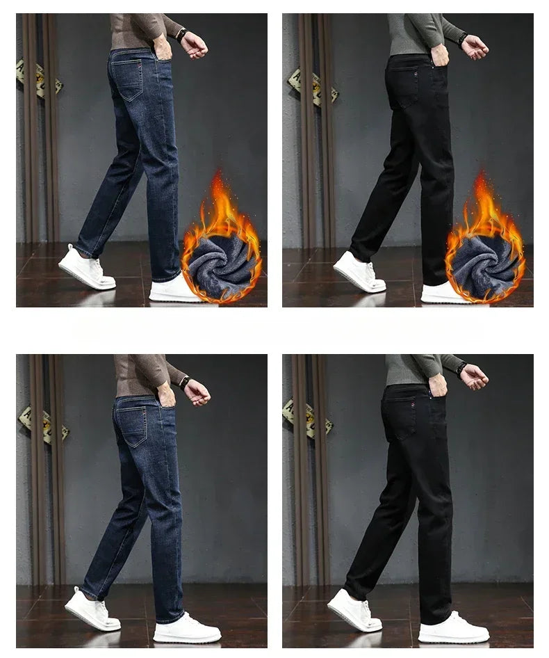 Winter Thickened Warm Male Plush Trousers Brand Clothes Men's Fleece Jeans Straight Slim Stretch Fashion Business Denim Pants