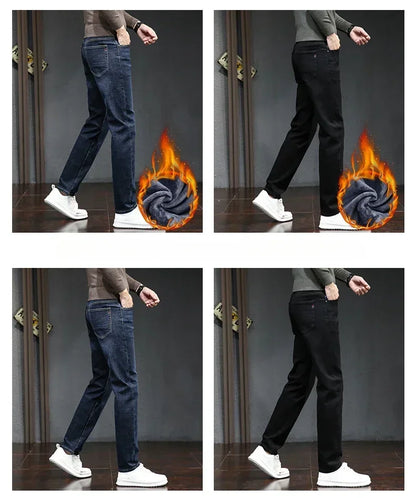 Winter Thickened Warm Male Plush Trousers Brand Clothes Men's Fleece Jeans Straight Slim Stretch Fashion Business Denim Pants
