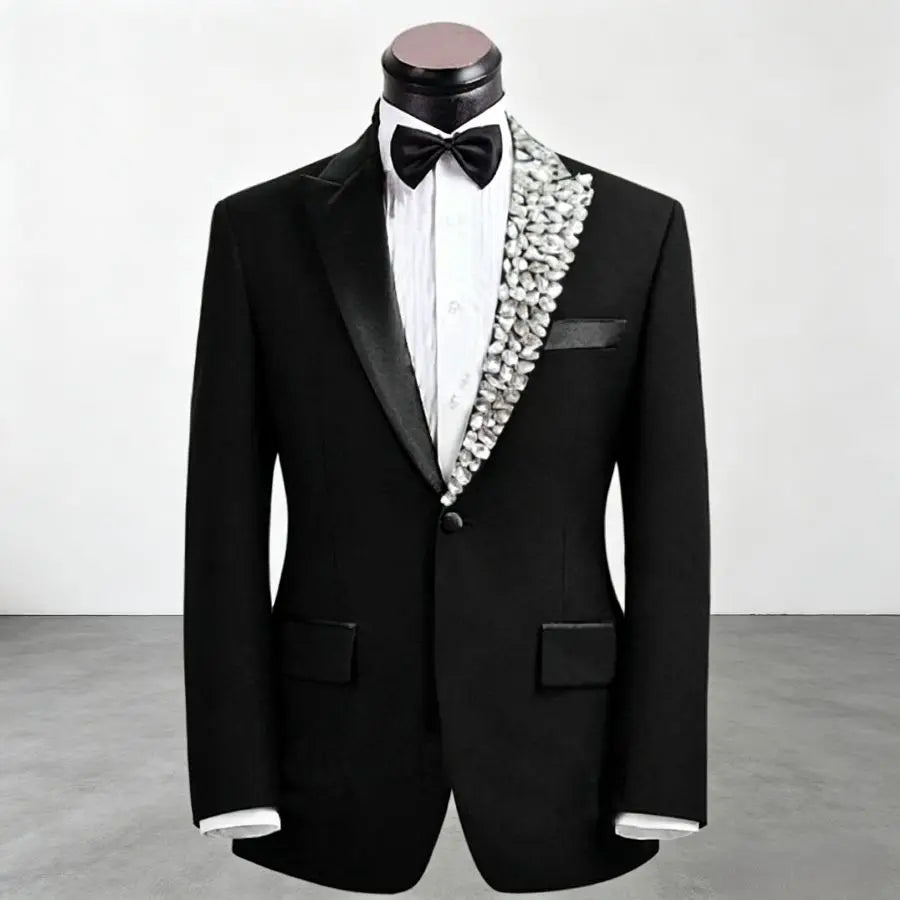 Luxury Beaded Formal Men Suits with Crystal 2 Pieces Wedding Tuxedo for Groom Slim Fit Prom Party Blazer Jacket Pants Set Outfit