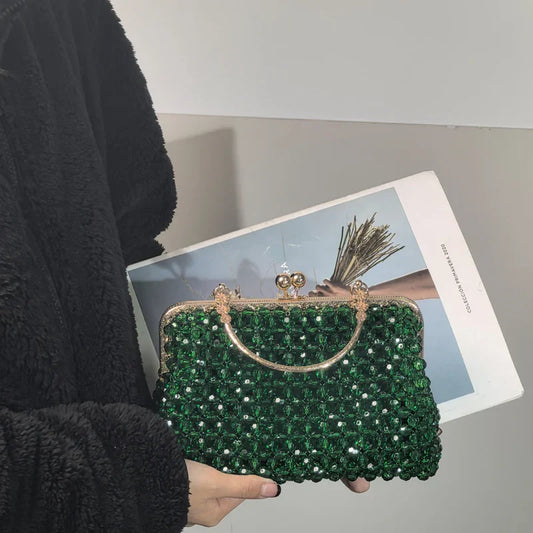 Emerald Green Handmade Beaded Clutch Bag | Vintage Gold Frame Evening Purse with Chain Strap for Party/Wedding/Cocktail