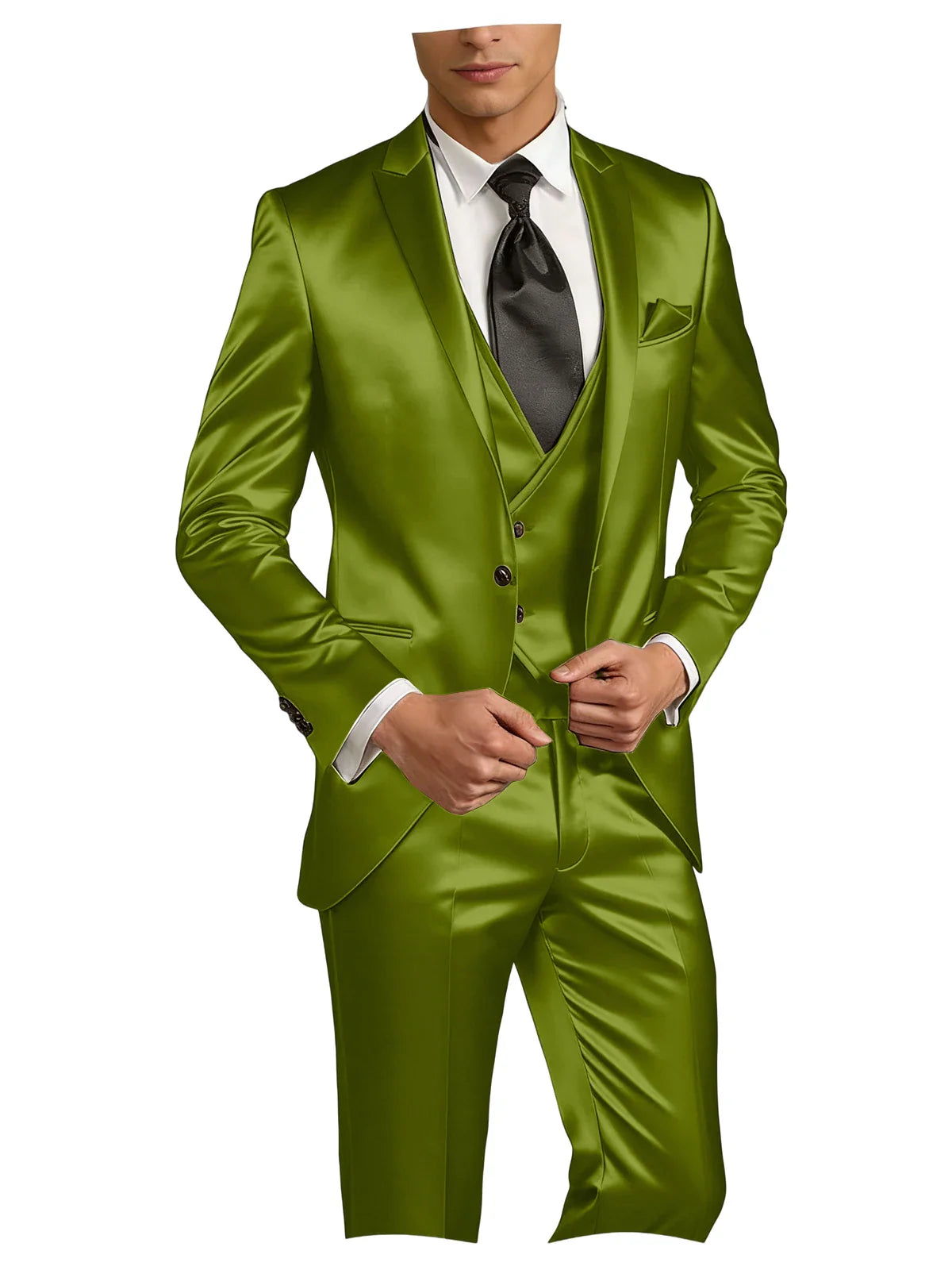 Luxury Men's Satin Suit 3 Piece Set Notch Lapel Slim Fit 1 Button Blazer Vest Pants for Formal Groom Groomsmen Prom Party