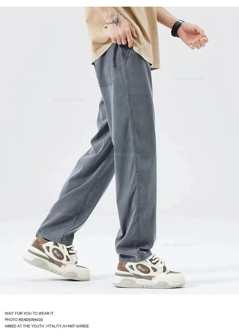 Ultra Thin Baggy Jeans Men's Summer New in Lyocell Soft Breathable Straight Trousers Elastic Waist Casual Blue Gray Wide Pants