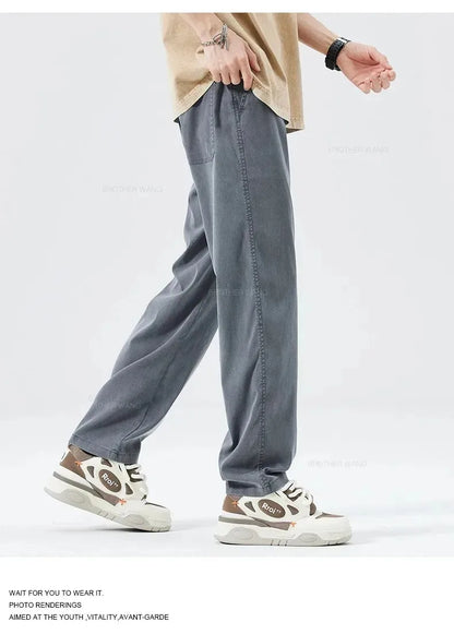 Ultra Thin Baggy Jeans Men's Summer New in Lyocell Soft Breathable Straight Trousers Elastic Waist Casual Blue Gray Wide Pants