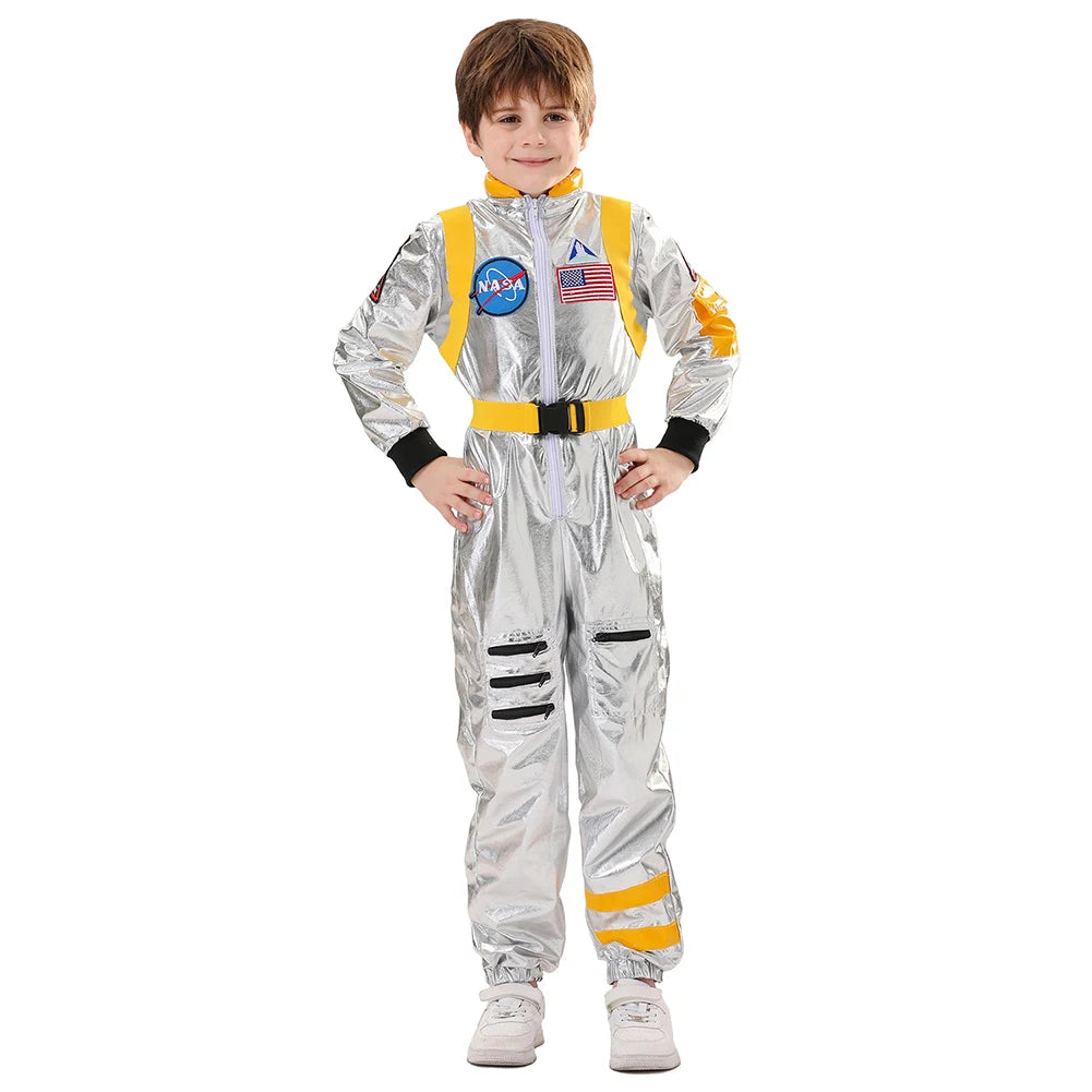 Kids Astronaut Costume Silver Astronaut Cosplay Fantasia Disguise Children Jumpsuit Spaceman Outfits Hallowee Carnival Suit