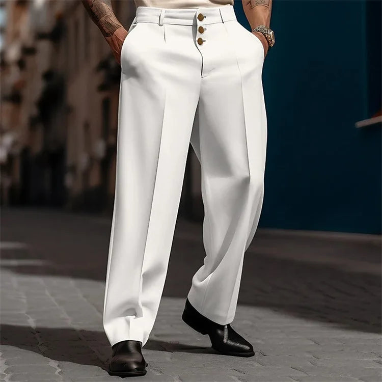 Male Formal Outdoor Pants Men's Solid Color Simple Basic Casual Trendy Loose Business Wide Leg Straight Button Suit Trousers
