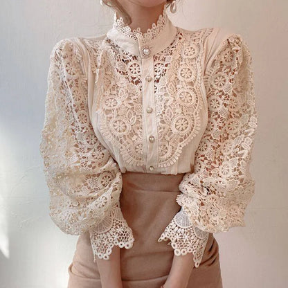 Vintage Solid White Lace Blouse Shirts Women New Korean Button Loose Shirt Tops Female Hollow Casual Ladies Blouses Blusas