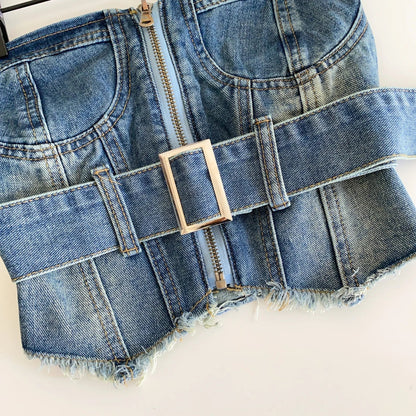 Vintage Denim Strapless Camis Backless Irregular Raw Hem Slim Distressed Crop Top Ladies Sashes Sexy Club Lingerie Top