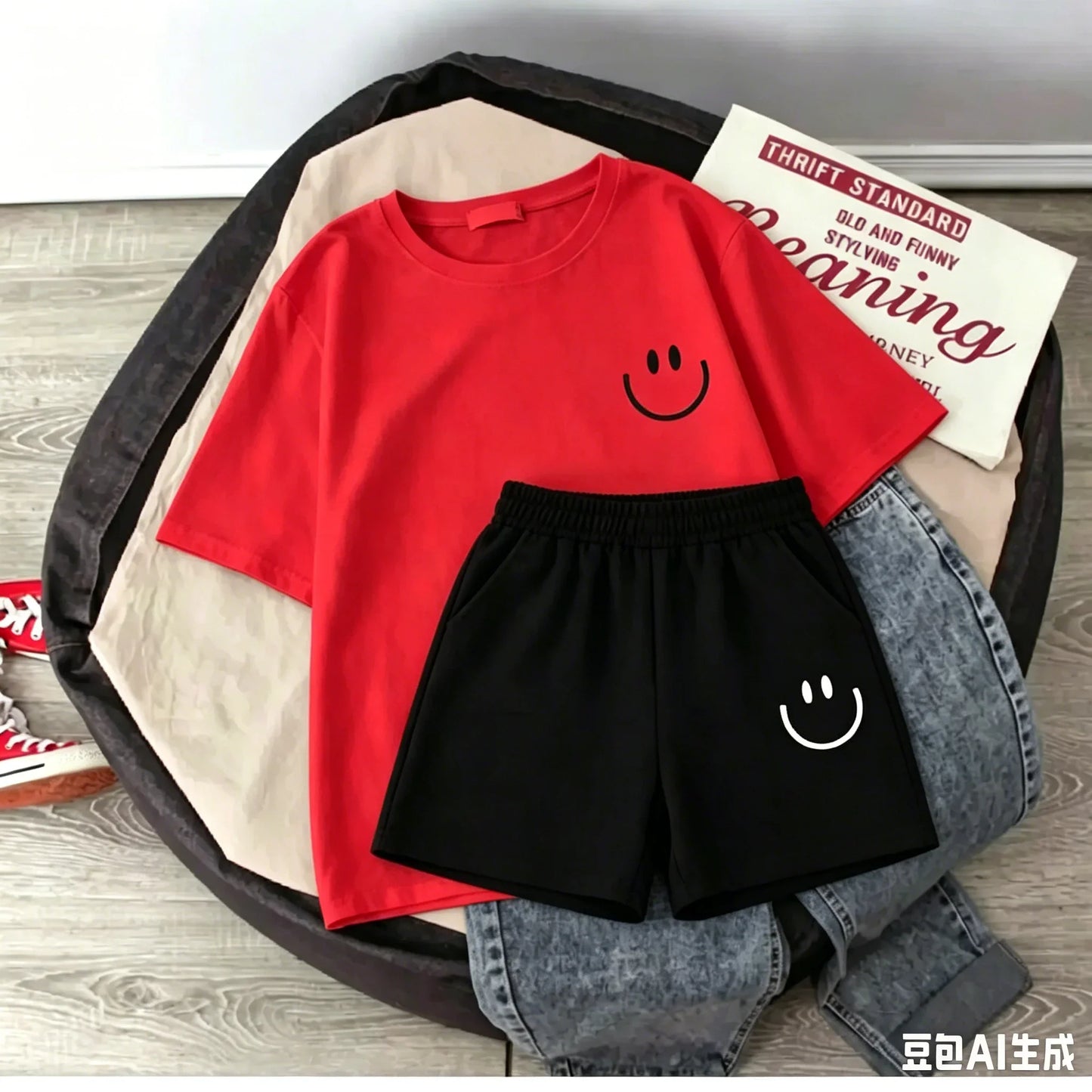 2026 New Summer Smiling Face Print Kids T-shirt Set Short-sleeved Pure Cotton Loose Basic Versatile Cool Simple Kids Outfit Tops