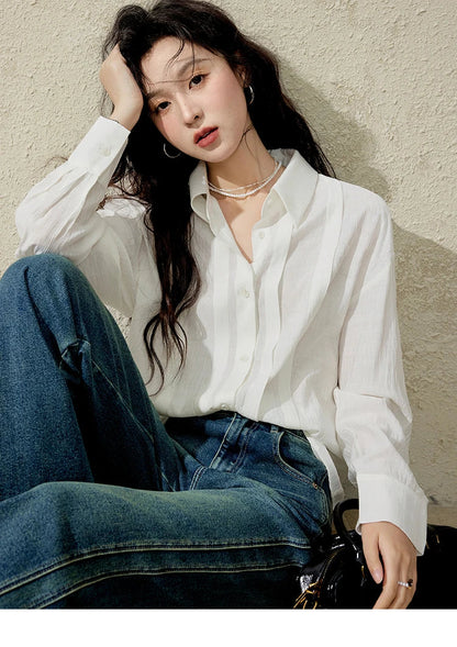 Solid Loose Fit Shirt for Women Spring 2025 Dropped Shoulder Long Sleeved  Top Casual Turn-down Collar Shirts MXE13C0405