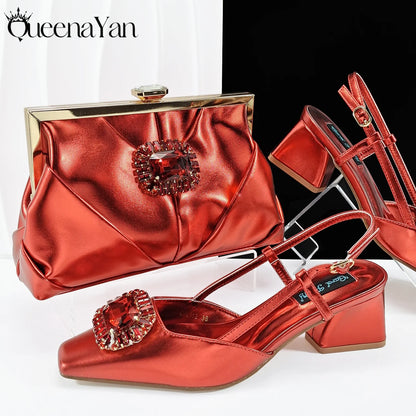 2025 Nigerian Heel Party for Women Purple Color Shoes and Bag Set Rhinestone Handbag Italian Design Wedding