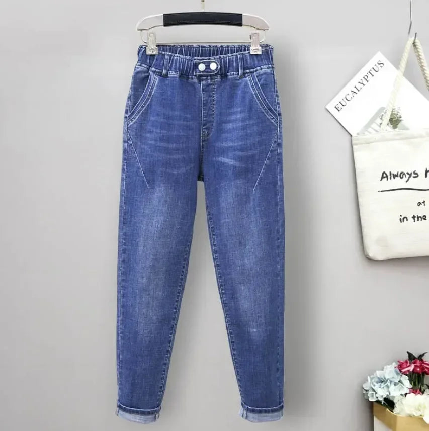 Large Size Baggy Jeans Woman High Waist Loose Harem Pants Elastic Cotton Denim Pants Women Denim Jeans Mom Ripped Jeans