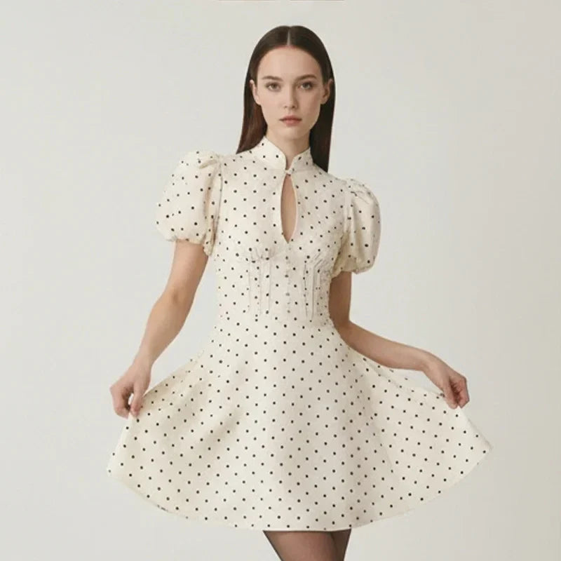 Retro Polka Dot Mini A-line Dress Elegant Stand Collar Puff Short Sleeve Waist-cinching Dresses 2026 New Lady Party Gowns