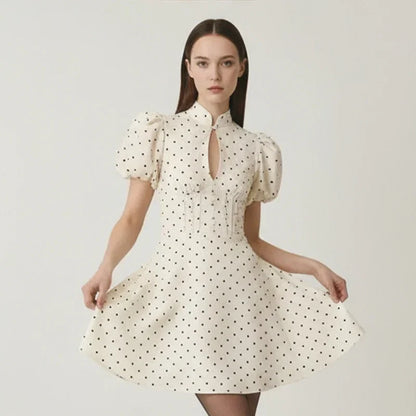 Retro Polka Dot Mini A-line Dress Elegant Stand Collar Puff Short Sleeve Waist-cinching Dresses 2026 New Lady Party Gowns