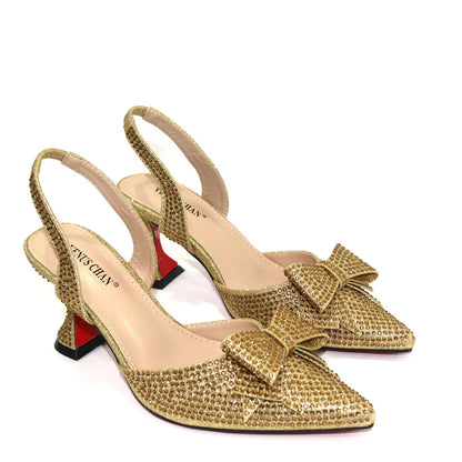 Bridal High Heels for Women 2023 Pointed Toe With Bows Gold Color Rhinestone  Elegant Party Wedding Shoe and Bag Set