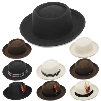 Autumn Winter Pork Pie Fedora Hat for Women Men Soft Felt Curved Brim Porkpie Hats with Hatband Feather