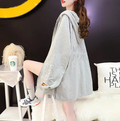 with Zipper Hooded Sweatshirt for Women Full Zip Up Embroidered Woman Tops Spring and Autumn Green Hoodies Long Dropshiping Coat