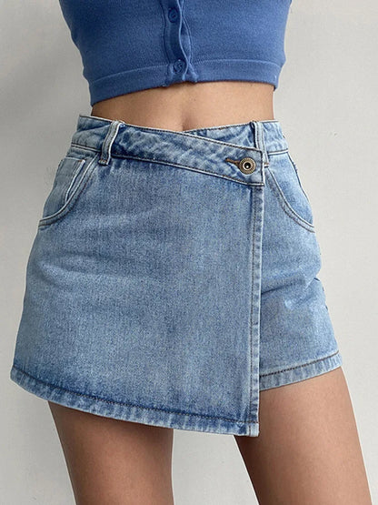 2026 Summer Women High Waist A-line Shorts Light Color Fake Two-piece Design Elegant Slimming Hot Girl Pants Denim Short Skirt