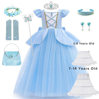 2-10Y Cinderelle Dress Princess Cosplay Costume for Girls Fancy Dress Up 2025 Kids Christma Birthday Party Outfit with Gloves