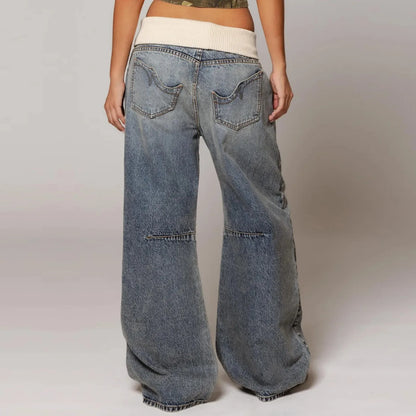 Y2K Hip-hop Stitching Fashion Joker Retro Jeans Female Korean Casual Simple Dress Essential Wide-leg Pants Loose Joker Overalls