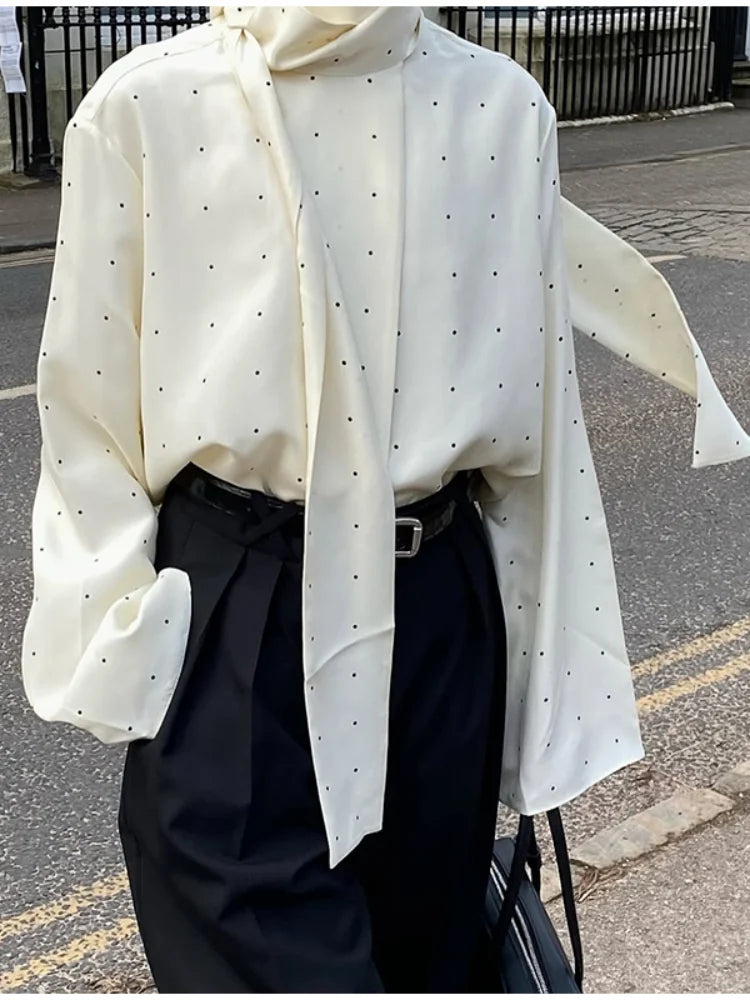 Satin Scarf Neck Polka Dot Printing Women Blouse Fashion Full Sleeve Loose Basic Shirt Lady Spring New Highstreet Commute Wears