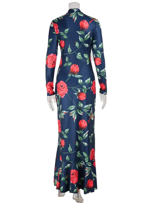 Flower Prints O Neck Women Dresses Sheath Trendy Fashion Elegant Evening Party Outfits Female Bodycon Long Sleeve Robes